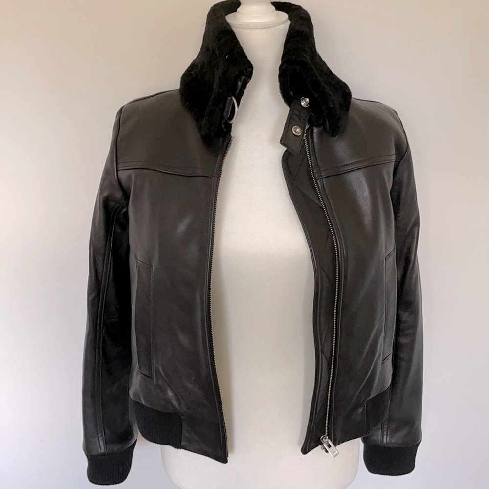 Iro Black Leather Jacket with Shearling Collar Size 36